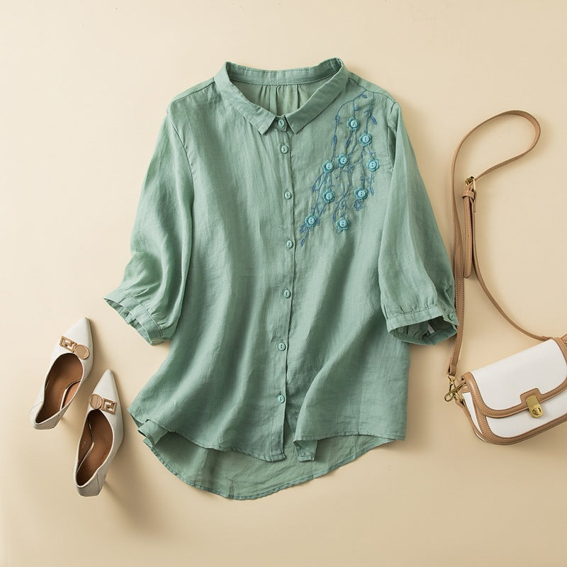 Women’s Button-Up Shirt – Relaxed Fit – Mid Sleeve – Cotton – Embroidered Detail