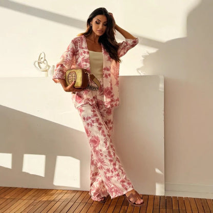 Women’s Two-Piece Set – Floral Print – Loose Fit Kimono Top – Wide-Leg Casual Pants