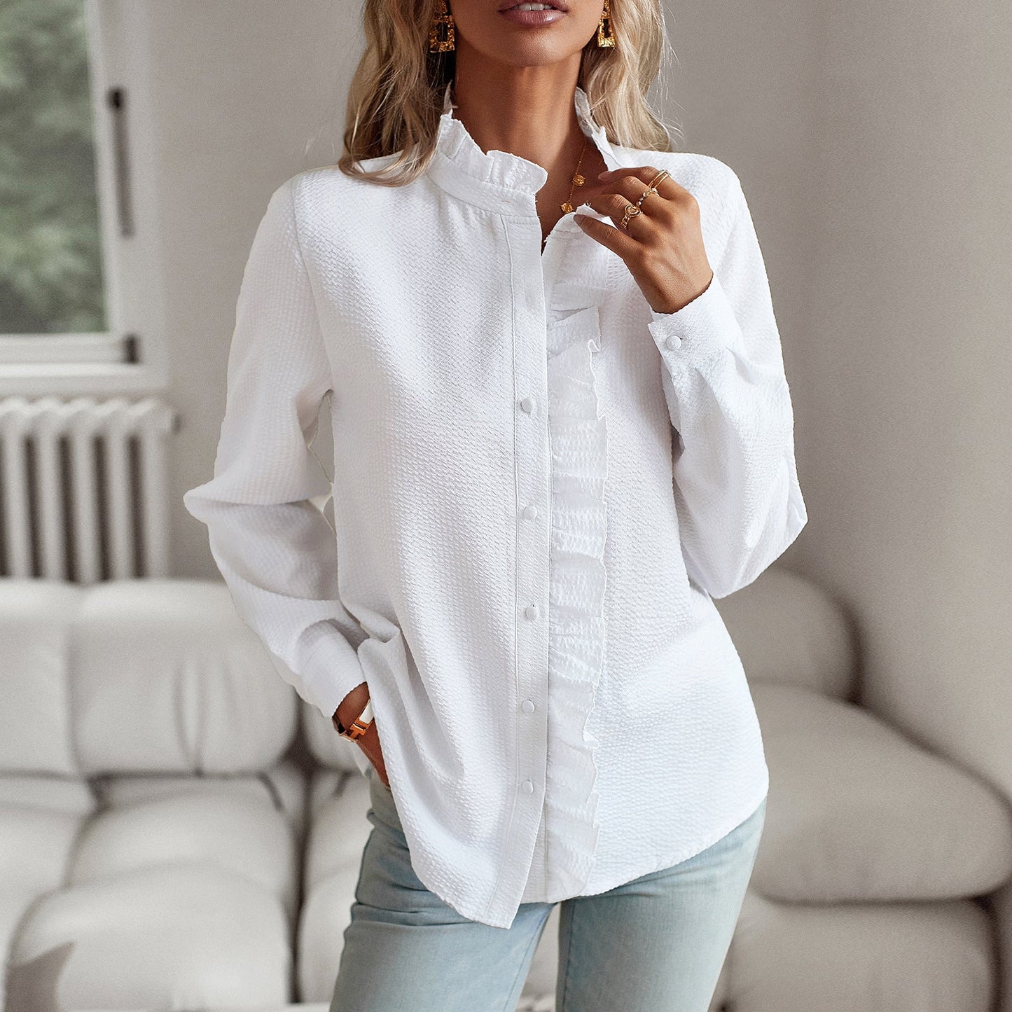Women’s Blouse – Relaxed Fit – Textured Fabric – Long Sleeve – Button Front Ruffle Trim