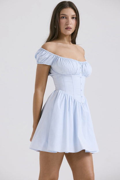 Women’s Mini Dress – Slim Fit – Puff Sleeve – Square Neck – Button Front Bodice