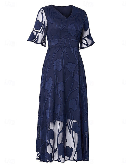 Women’s Maxi Dress – Lace Floral – V-Neck – Flutter Sleeve – Semi-Formal Fit