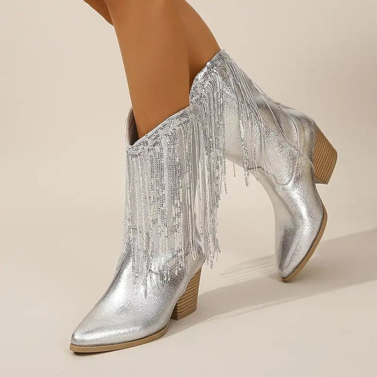 Women’s Mid-Calf Boots – Glossy Finish – Pointed Toe – Fringe – Sequin – Chunky Heel