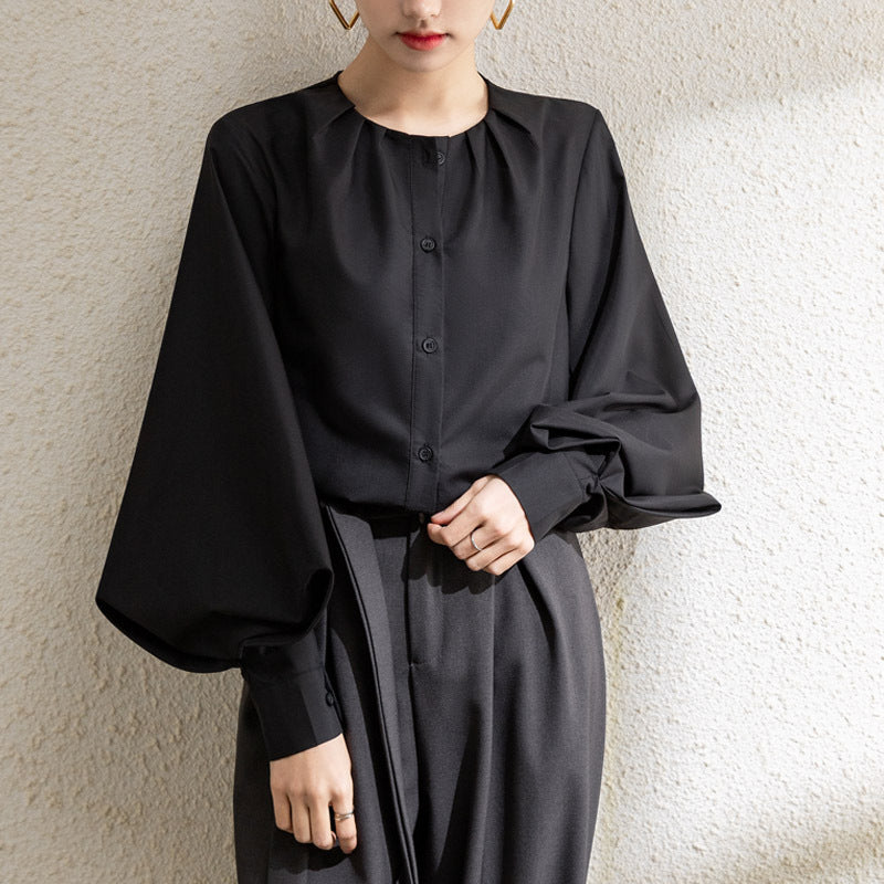 Women’s Blouse – Loose Fit – Silk Satin Feel – Lantern Sleeve – Button Front – Round Neck
