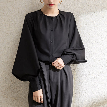 Women’s Blouse – Loose Fit – Silk Satin Feel – Lantern Sleeve – Button Front – Round Neck