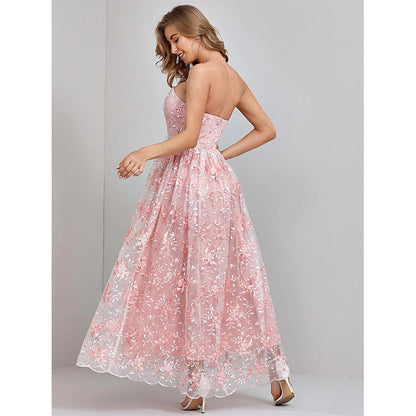 Women’s Evening Dress – Strapless – Embroidered Lace – Full-Length Flowy Fit