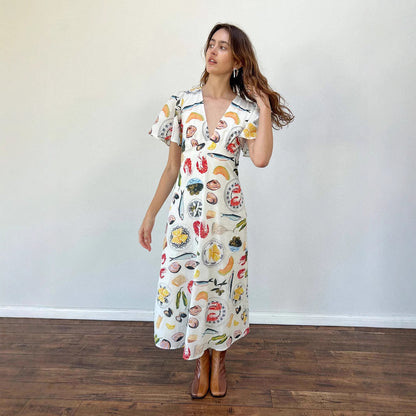 Women’s V-Neck Dress – Linen Fabric – Loose Fit – Short Sleeve Midi Casual Style