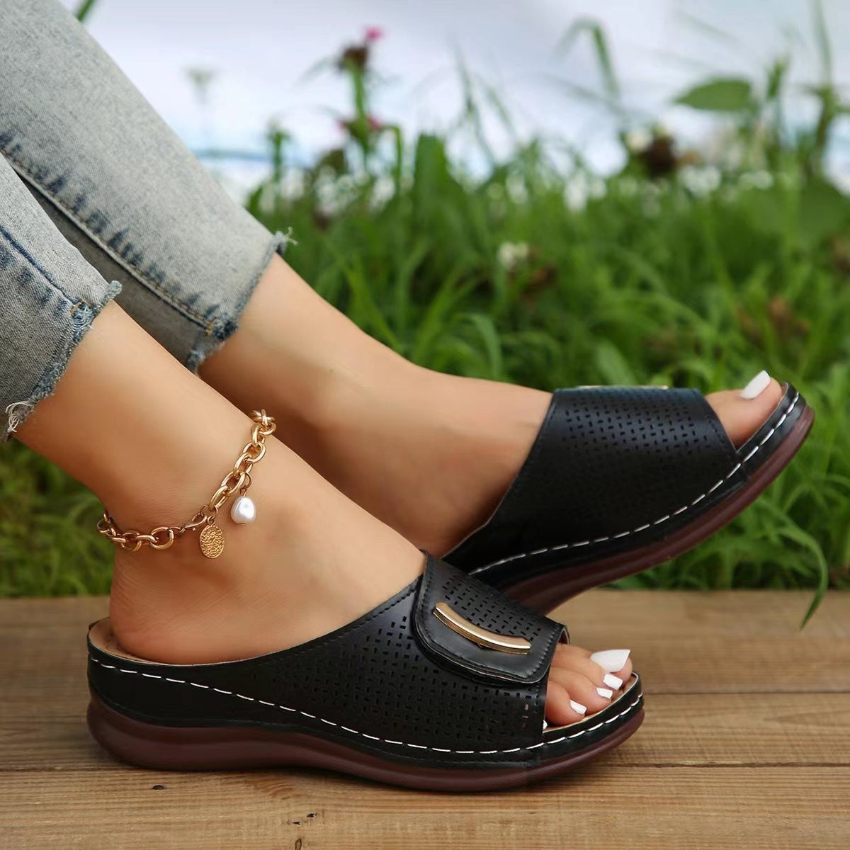 Women’s Wedge Sandals – Slip-On – Perforated Strap – Open Toe – Comfy Heel