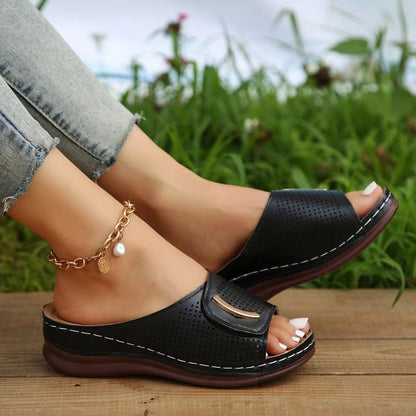 Women’s Wedge Sandals – Slip-On – Perforated Strap – Open Toe – Comfy Heel