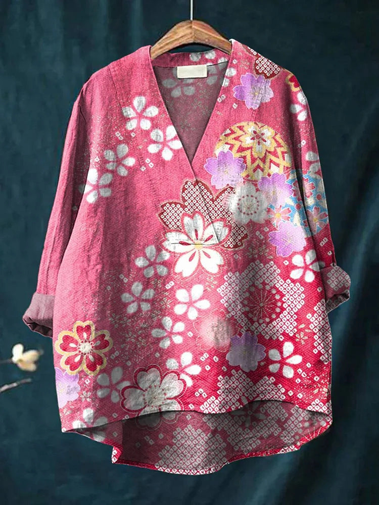 Women’s Long Sleeve Shirt – Relaxed Fit – V-Neck – Cotton Blend – Digital Print