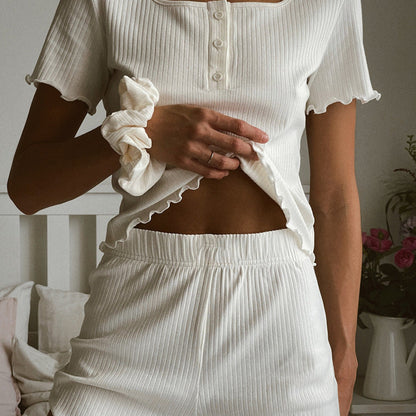 Women’s Lounge Set – Ribbed Knit – Relaxed Fit – Button Front – Lettuce Hem Shorts