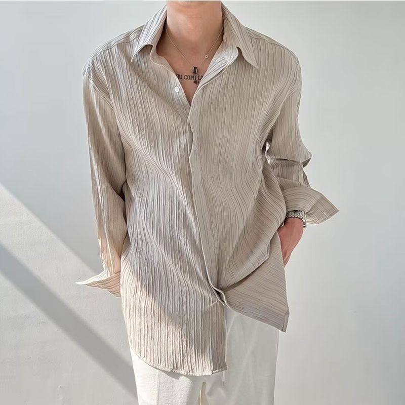Unisex Long Sleeve Shirt – Crinkle Fabric – Oversized Fit – Button Down Casual Style