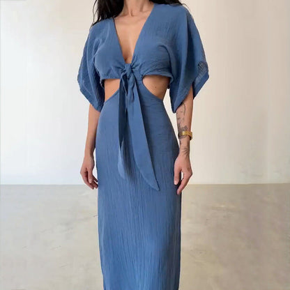 Women’s Maxi Dress – Slim Fit – V-Neck – Waist Cut-Out – Backless – Tie Front