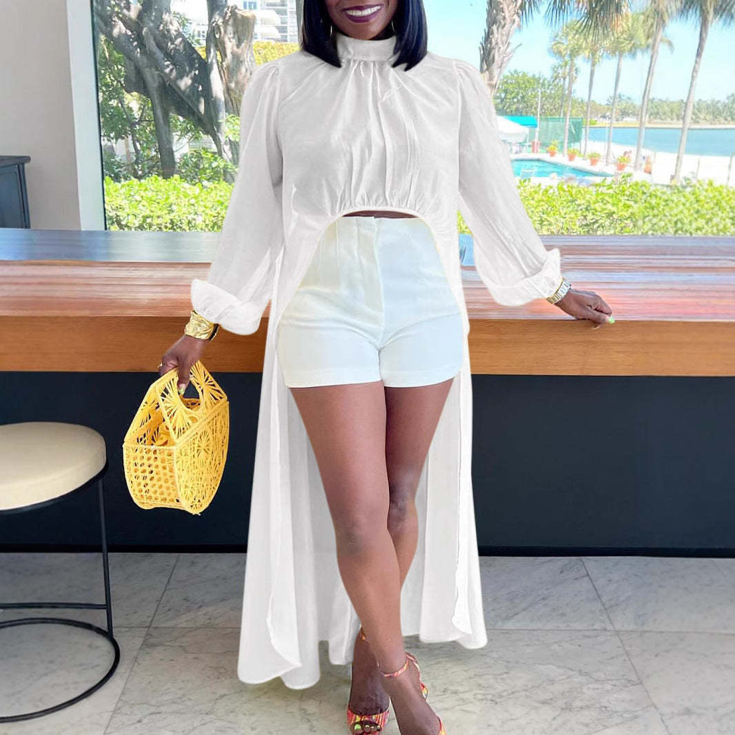 Women’s Blouse – Sheer Chiffon – High Neck – Puffed Sleeves – High Low Hem