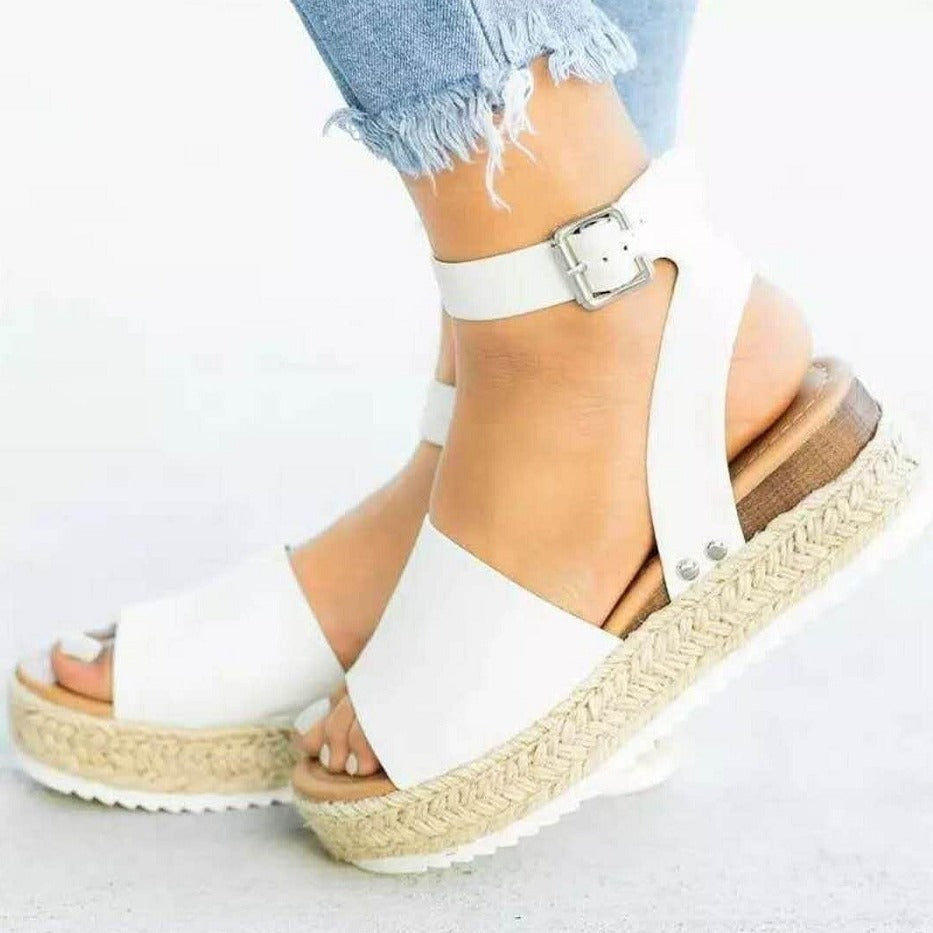Women’s Wedge Sandals – Open Toe – Ankle Strap – Cushioned Footbed – Jute Platform