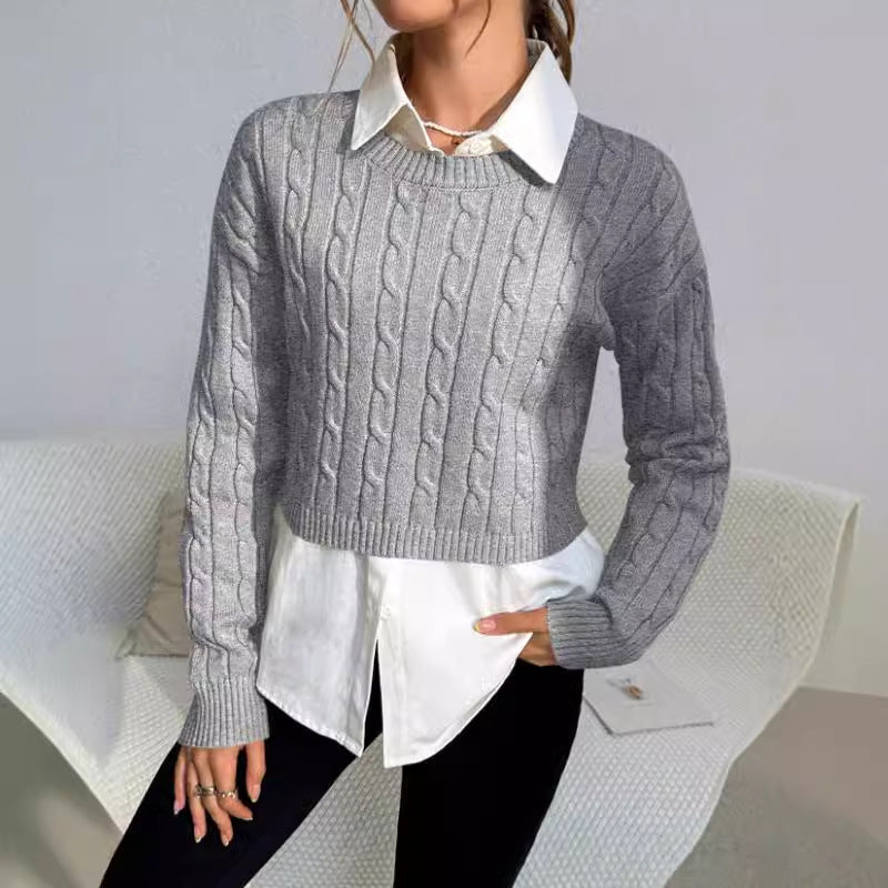 Women’s Pullover Sweater – Cable Knit – Cropped Slim Fit – Crew Neck Long Sleeve