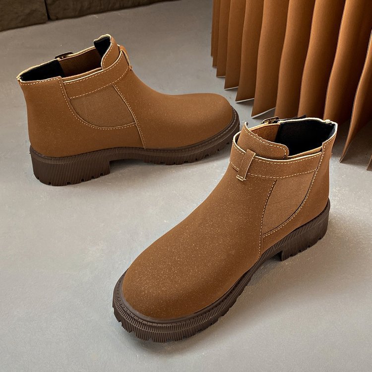 Women’s Ankle Boots – Round Toe – Lug Sole – Retro Buckle – Matte Finish