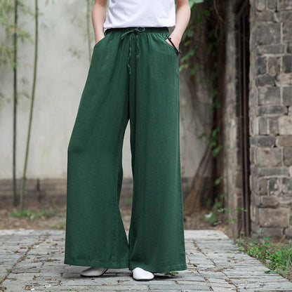 Women’s Wide-Leg Pants – Cotton Linen Blend – Relaxed Fit – Drawstring Waist – Full Length