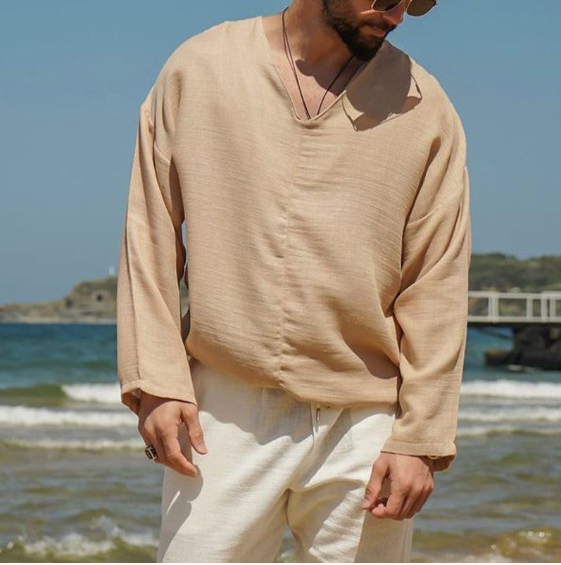 Men’s Linen Shirt – Relaxed Fit – V-Neck – Long Sleeve Lightweight Casual