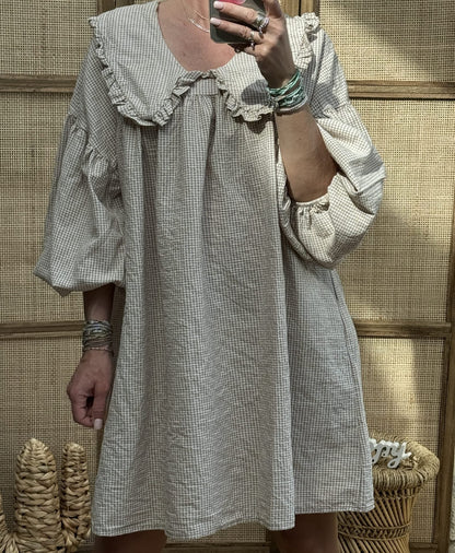 Women’s A-Line Dress – Cotton Checkered – Ruffled Collar – Balloon Sleeve – Short Length