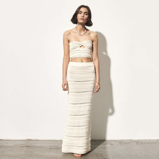 Women’s Two-Piece Set – Crochet Bandeau Top Twist Front – High-Waisted Slim Midi Skirt