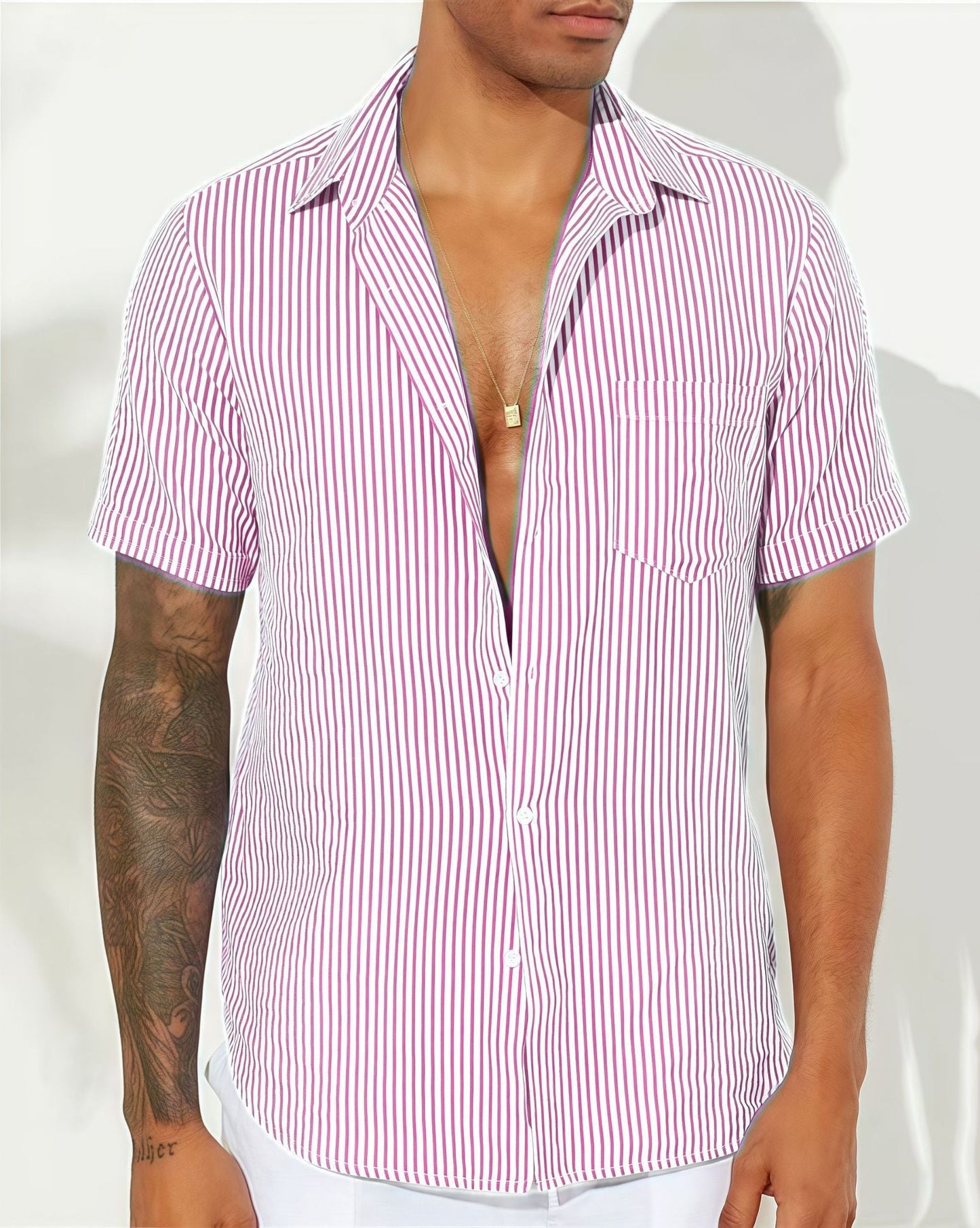 Men’s Casual Shirt – Cotton Blend – Relaxed Fit – Short Sleeve – Vertical Stripes