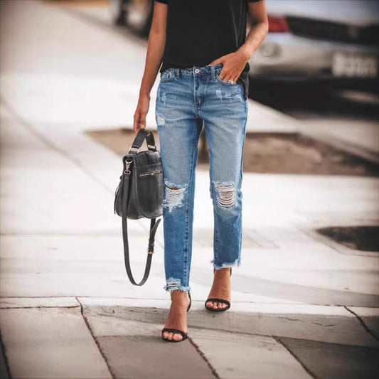 Women’s Denim Trousers – Relaxed Fit – Distressed Straight Leg – Full Length Casual