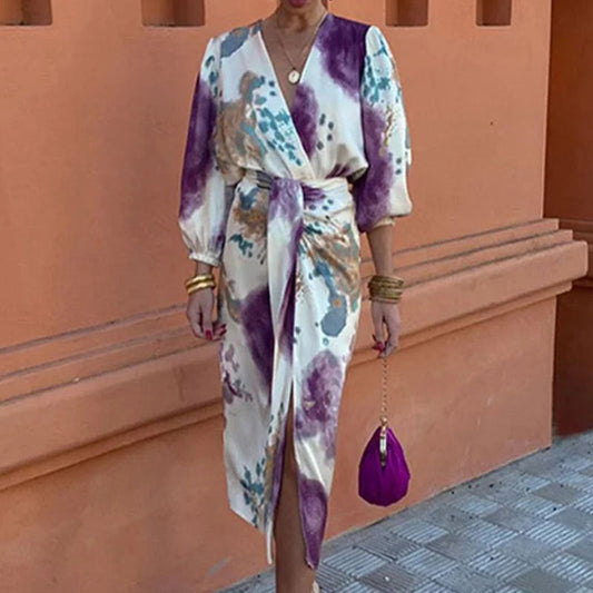 Women’s Wrap Dress – Luxury Fabric – Abstract Print – Puff Sleeves – Fitted Waist