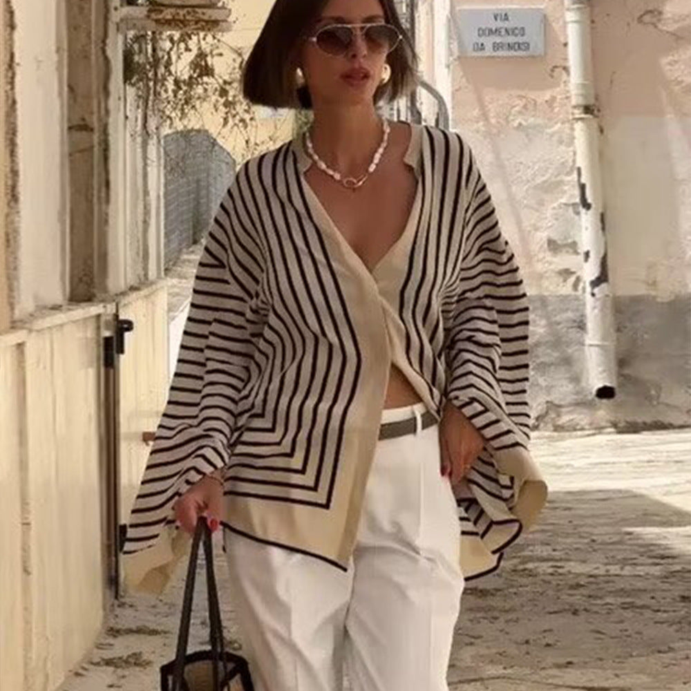 Women’s Long-Sleeve Shirt – Oversized Fit – Lightweight Cotton Blend – Striped Button-Up