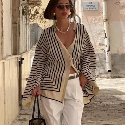 Women’s Long-Sleeve Shirt – Oversized Fit – Lightweight Cotton Blend – Striped Button-Up