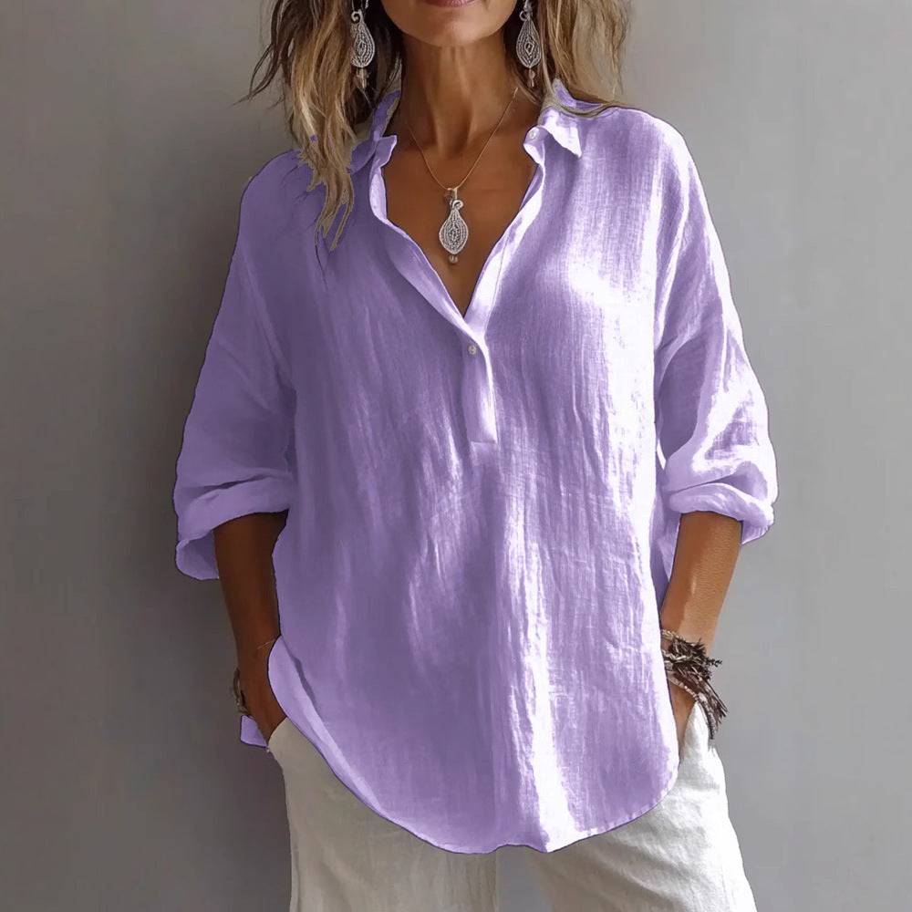 Women’s V-neck Shirt – Loose Fit – Long Sleeve – Natural Fibers – Casual Style