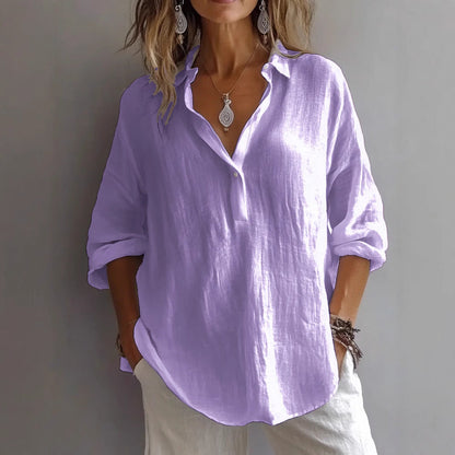 Women’s V-neck Shirt – Loose Fit – Long Sleeve – Natural Fibers – Casual Style