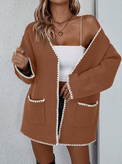 Women’s Knitted Cardigan – Oversized Fit – Open Front – Ribbed Trim – Mid-Thigh Length