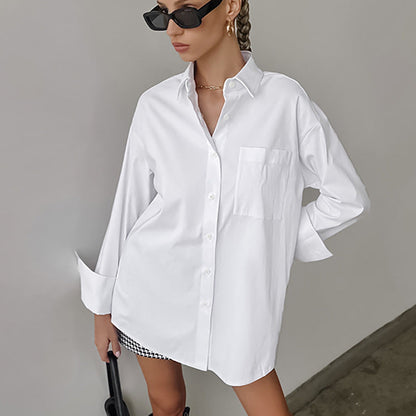 Women’s Oversized Button-Up Shirt – Cotton Blend – Long Sleeve – Relaxed Fit