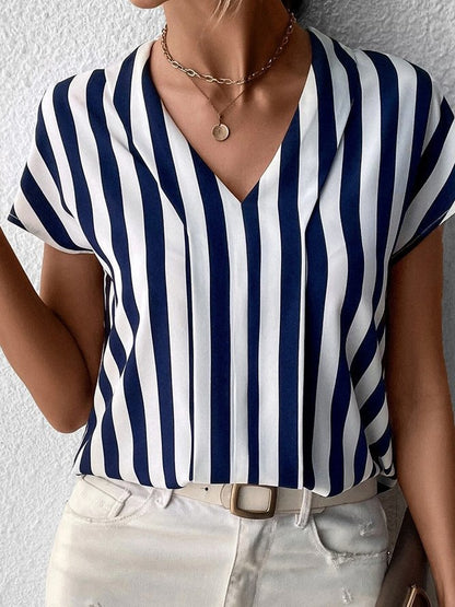 Women's Blouse - V-Neck Short Sleeve - Vertical Stripe Lightweight Casual Wear