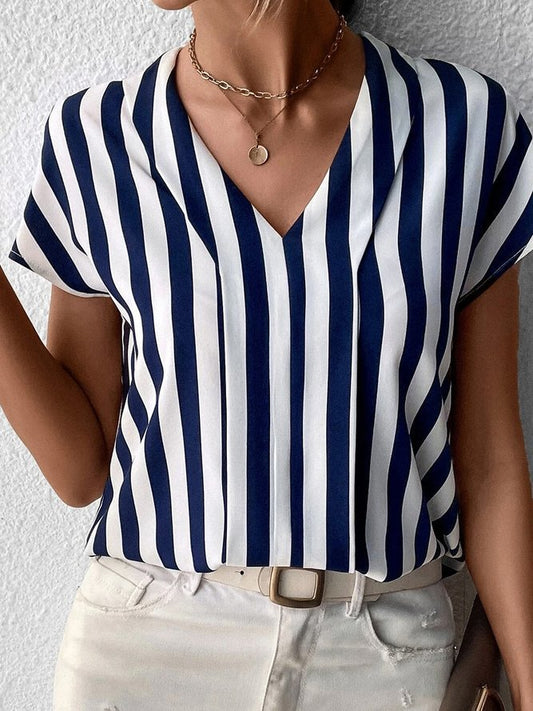 Women's Blouse - V-Neck Short Sleeve - Vertical Stripe Lightweight Casual Wear