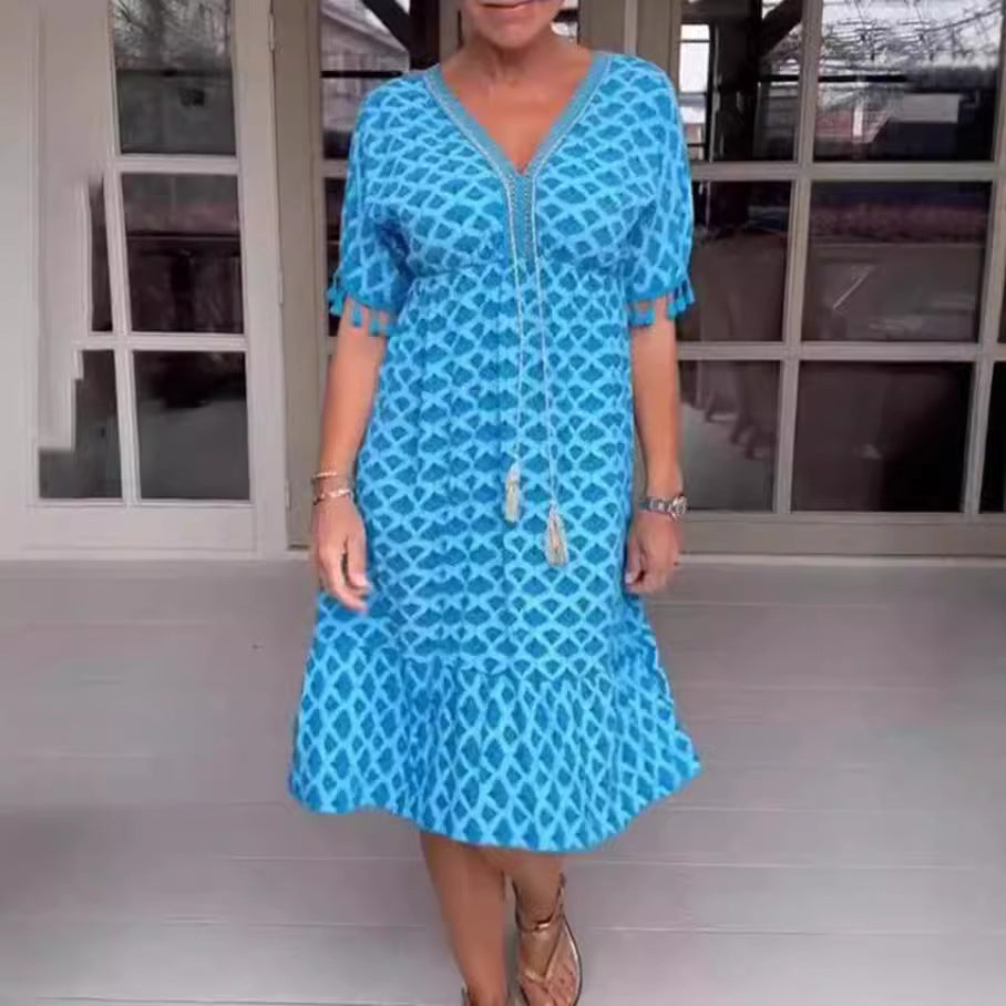 Women’s Midi Dress – Relaxed Fit – V-Neck with Tassel Tie – Geometric Print – Fringed Sleeves – Breathable Blend