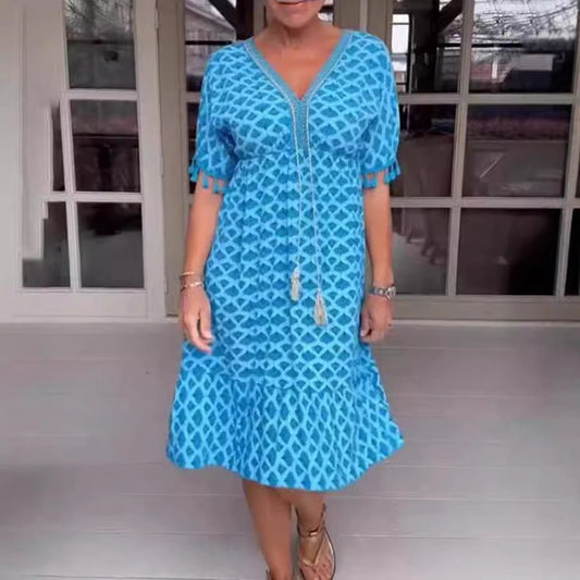 Women’s Midi Dress – Relaxed Fit – V-Neck with Tassel Tie – Geometric Print – Fringed Sleeves – Breathable Blend