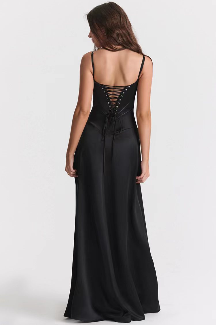 Women’s Evening Dress – Satin – A-Line Fit – Spaghetti Strap – Open Back – Floor Length