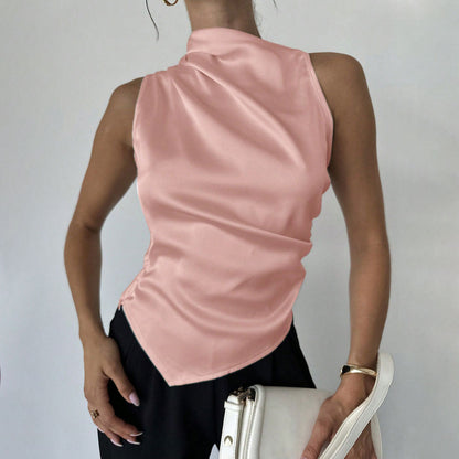 Women’s Sleeveless Blouse – Slim Fit – High Neck – Draped Front – Luxury Fabric
