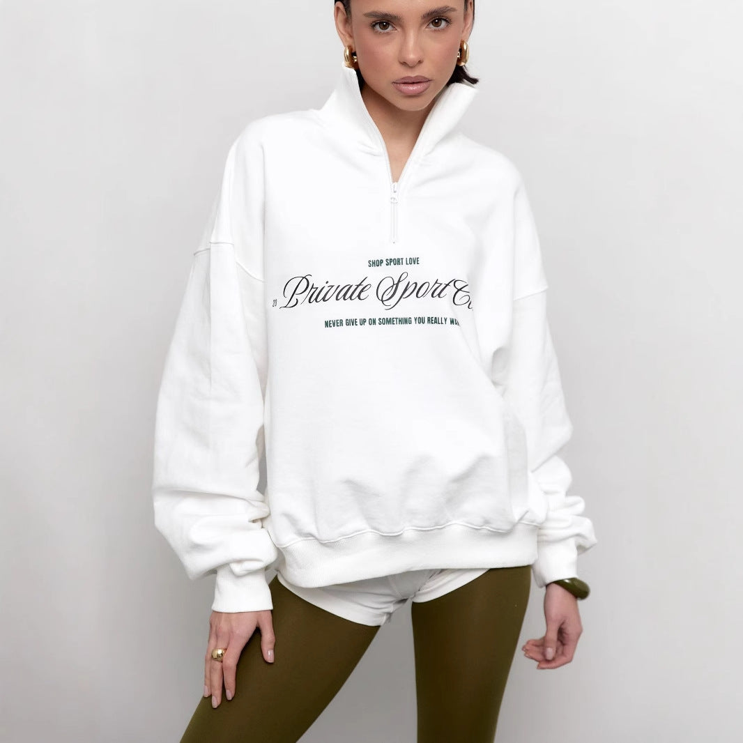 Women’s Sweatshirt – Oversized Fit – Cotton Blend – Half Zip – Letter Print