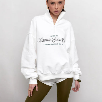 Women’s Sweatshirt – Oversized Fit – Cotton Blend – Half Zip – Letter Print
