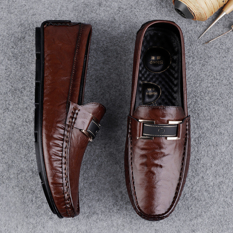Men’s Leather Loafers – Slip-On Fit – Decorative Strap – Breathable Soft Sole