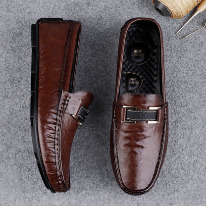 Men’s Leather Loafers – Slip-On Fit – Decorative Strap – Breathable Soft Sole