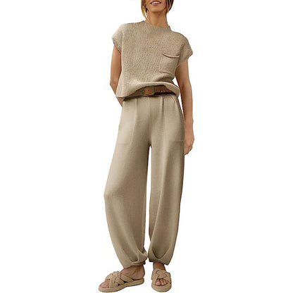 Women’s Knit Sweater Set – Soft Knit – Cropped Top – High Waist Relaxed Pants