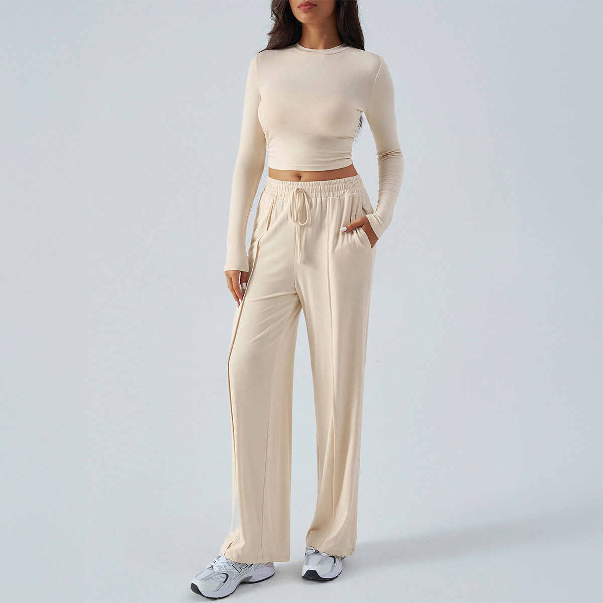 Women’s Two-Piece Set – Cropped Slim Fit Top – High-Waist Wide-Leg Pants