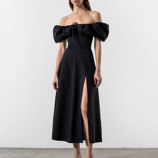 Women's Elegant A-Line Dress - Puff Sleeves - Square Neckline - Midi Length