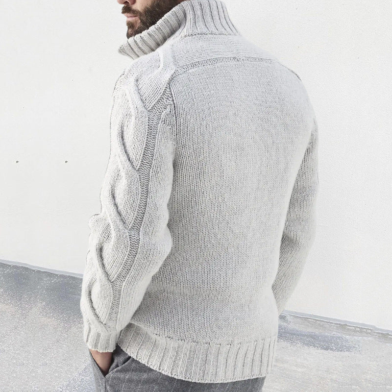 Men’s Knit Cardigan – Wool Blend – Relaxed Fit – High Neck – Cable Sleeve – Zip Front