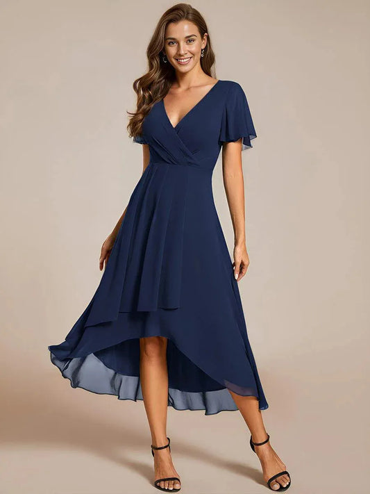 Women's Asymmetric Hem Dress - V-Neck - Flared Short Sleeves - Elegantly Draped