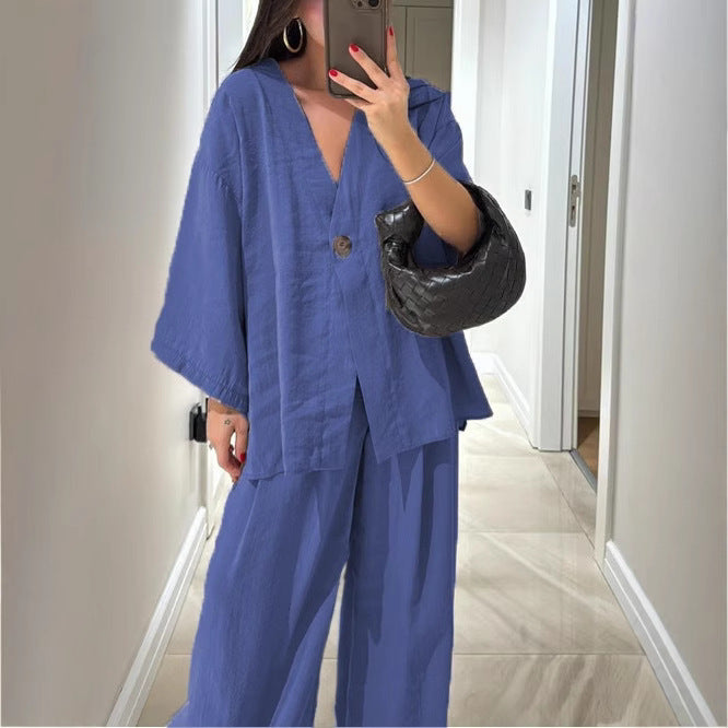 Women’s Two-Piece Suit Set – V-Neck Relaxed Fit Top – High-Waisted Wide-Leg Pants