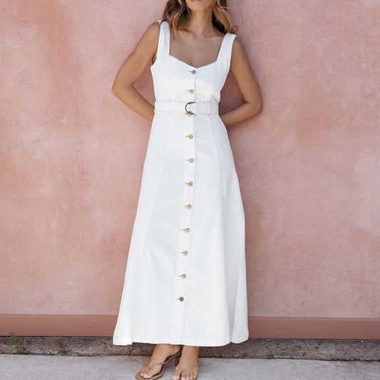 Women’s Maxi Dress – Slim Fit – Button Front – Belted Waist – Soft Lightweight Fabric